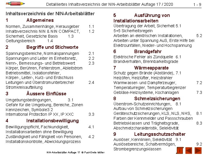 Detailliertes Inhaltsverzeichnis der NIN-Arbeitsblätter Auflage 17 / 2020 1 -9 Inhaltsverzeichnis der NIN-Arbeitsblätter 1