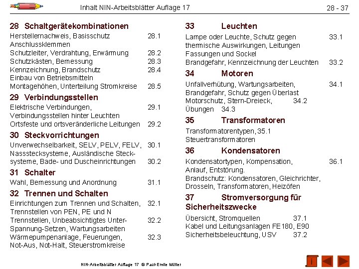 Inhalt NIN-Arbeitsblätter Auflage 17 28 Schaltgerätekombinationen Herstellernachweis, Basisschutz Anschlussklemmen Schutzleiter, Verdrahtung, Erwärmung Schutzkästen, Bemessung