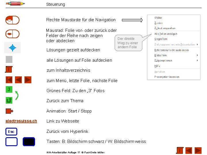 Steuerung Rechte Maustaste für die Navigation Mausrad: Folie vor- oder zurück oder Felder Reihe
