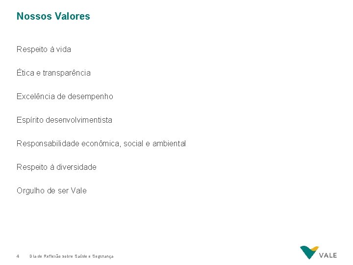 Nossos Valores Respeito à vida Ética e transparência Excelência de desempenho Espírito desenvolvimentista Responsabilidade