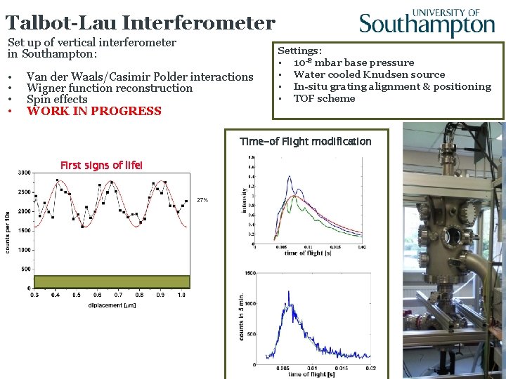 Talbot-Lau Interferometer Set up of vertical interferometer in Southampton: Van der Waals/Casimir Polder interactions