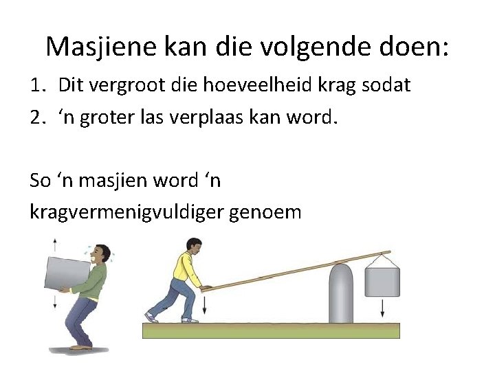 Masjiene kan die volgende doen: 1. Dit vergroot die hoeveelheid krag sodat 2. ‘n
