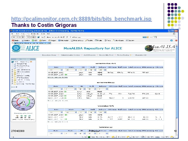 http: //pcalimonitor. cern. ch: 8889/bits_benchmark. jsp Thanks to Costin Grigoras 27/04/2008 P. Hristov 10