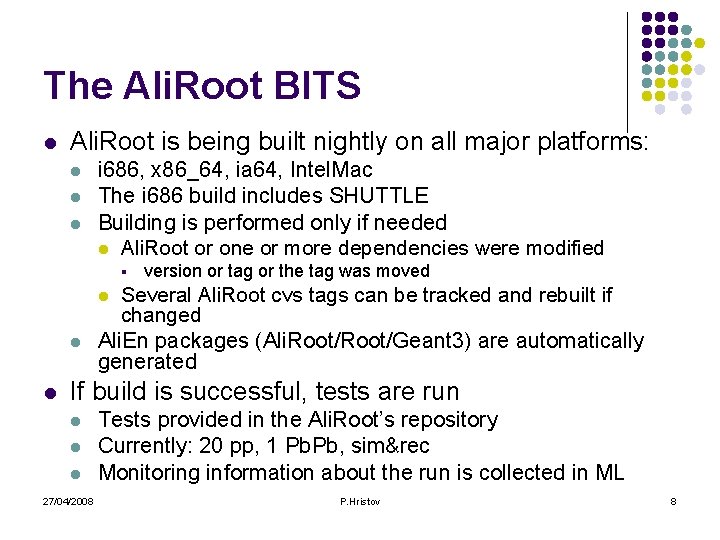 The Ali. Root BITS l Ali. Root is being built nightly on all major