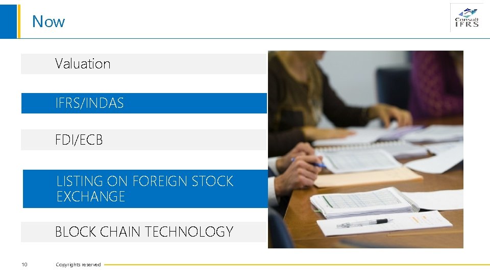 Now Valuation IFRS/INDAS FDI/ECB LISTING ON FOREIGN STOCK EXCHANGE BLOCK CHAIN TECHNOLOGY 10 Copyrights