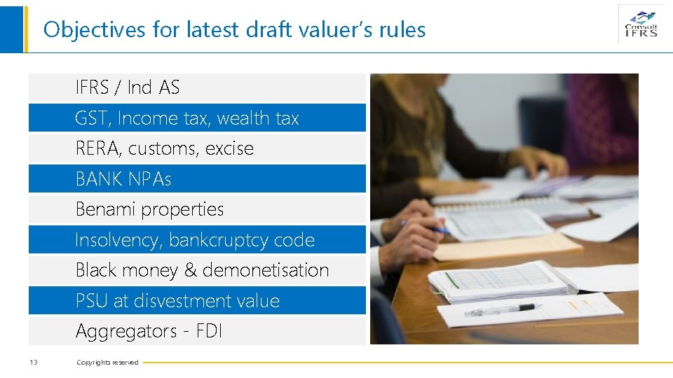 Objectives for latest draft valuer’s rules IFRS / Ind AS GST, Income tax, wealth