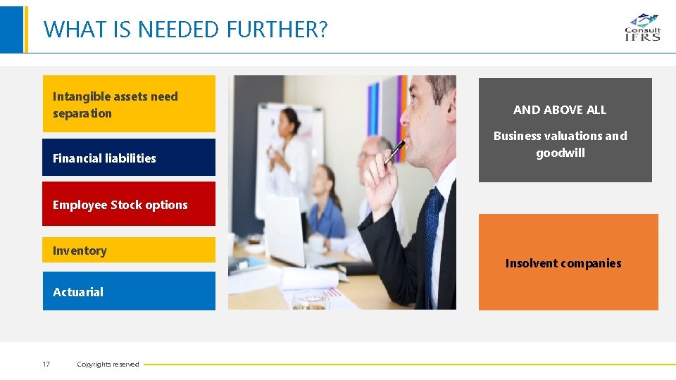 WHAT IS NEEDED FURTHER? Intangible assets need separation Financial liabilities AND ABOVE ALL Business