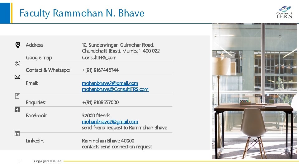 Faculty Rammohan N. Bhave Address: 3 Google map 10, Sundersringar, Gulmohar Road, Chunabhatti (East),