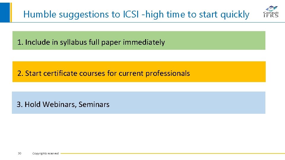 Humble suggestions to ICSI -high time to start quickly 1. Include in syllabus full