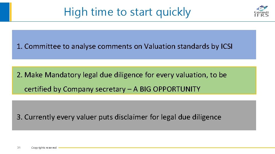 High time to start quickly 1. Committee to analyse comments on Valuation standards by