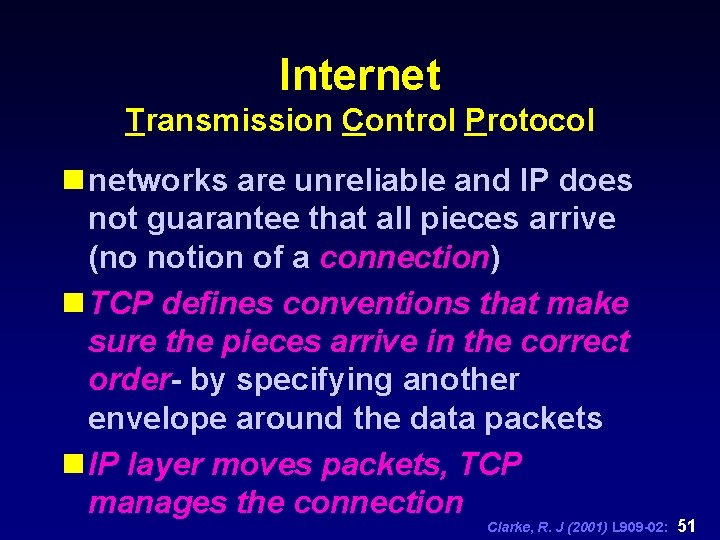 Internet Transmission Control Protocol n networks are unreliable and IP does not guarantee that