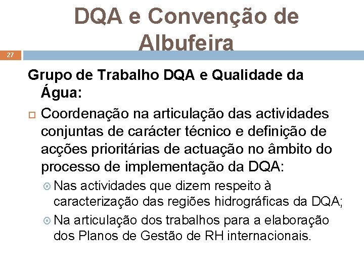 27 DQA e Convenção de Albufeira Grupo de Trabalho DQA e Qualidade da Água: