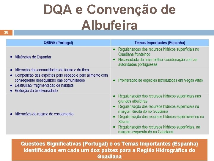 30 DQA e Convenção de Albufeira Questões Significativas (Portugal) e os Temas Importantes (Espanha)