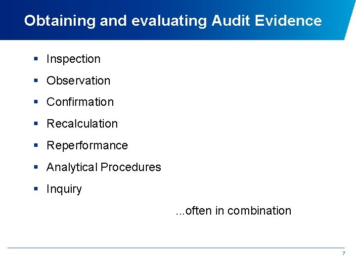 Obtaining and evaluating Audit Evidence § Inspection § Observation § Confirmation § Recalculation §
