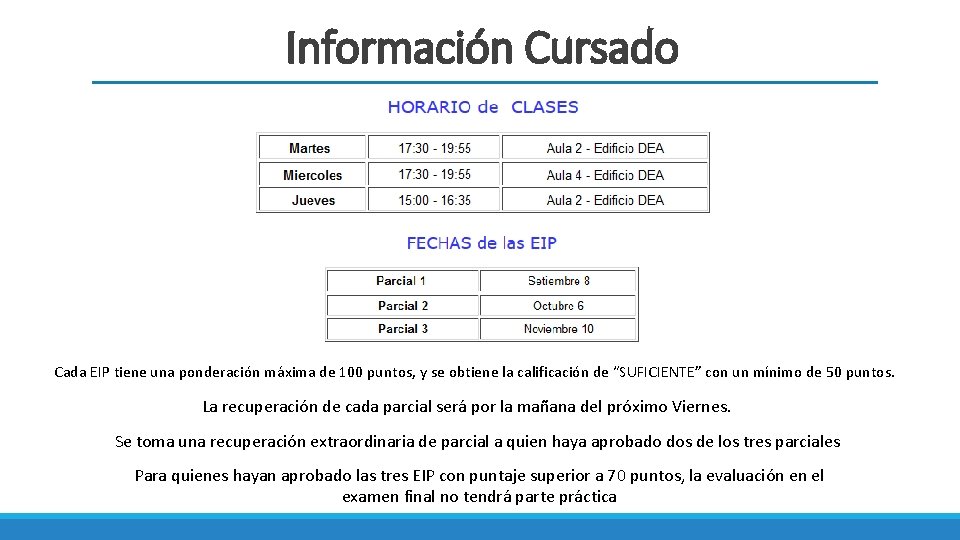 Información Cursado Cada EIP tiene una ponderación máxima de 100 puntos, y se obtiene