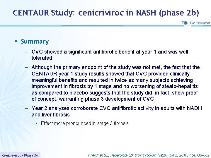 CENTAUR Study: cenicriviroc in NASH (phase 2 b) § Summary – CVC showed a