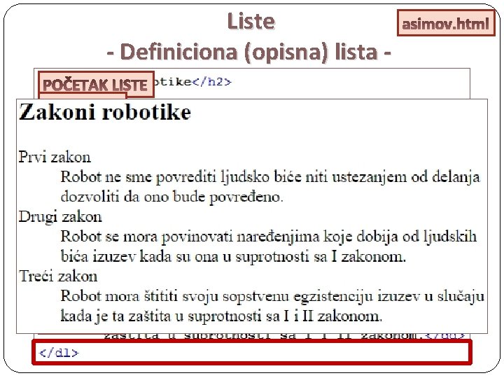 Liste - Definiciona (opisna) lista POČETAK LISTE PRVI IZRAZ DEFINICIJA PRVOG IZRAZA DRUGI IZRAZ