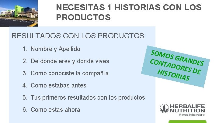 NECESITAS 1 HISTORIAS CON LOS PRODUCTOS RESULTADOS CON LOS PRODUCTOS 1. Nombre y Apellido