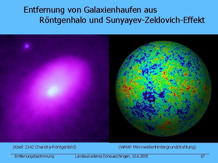 Entfernung von Galaxienhaufen aus Röntgenhalo und Sunyayev-Zeldovich-Effekt (Abell 2142 Chandra-Röntgenbild) Entfernungsbestimmung (WMAP Mikrowellenhintergrundstrahlung) Landesakademie