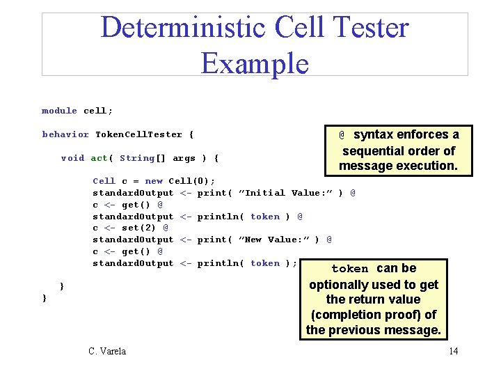 Deterministic Cell Tester Example module cell; behavior Token. Cell. Tester { void act( String[]