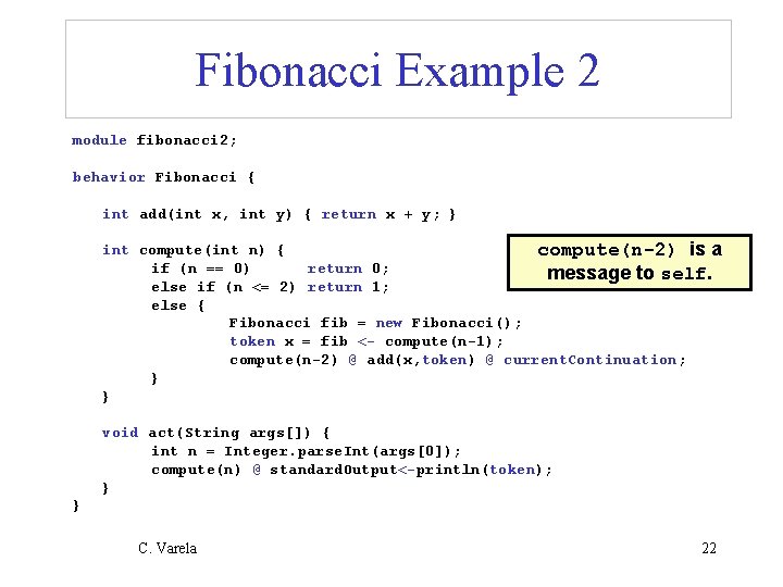 Fibonacci Example 2 module fibonacci 2; behavior Fibonacci { int add(int x, int y)