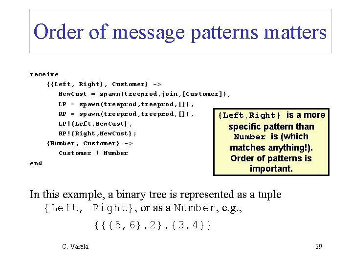 Order of message patterns matters receive {{Left, Right}, Customer} -> New. Cust = spawn(treeprod,