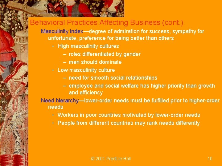 Behavioral Practices Affecting Business (cont. ) Masculinity index—degree of admiration for success, sympathy for