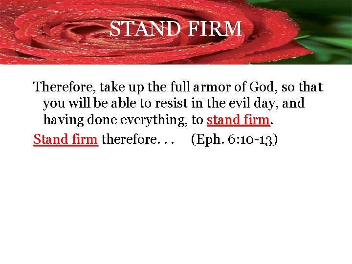 STAND FIRM Therefore, take up the full armor of God, so that you will