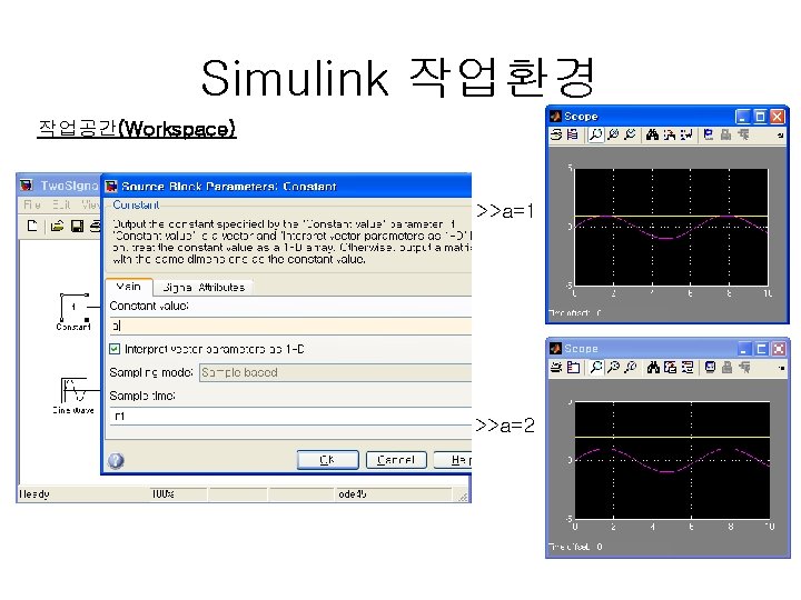 Simulink 작업환경 작업공간(Workspace) >>a=1 >>a=2 