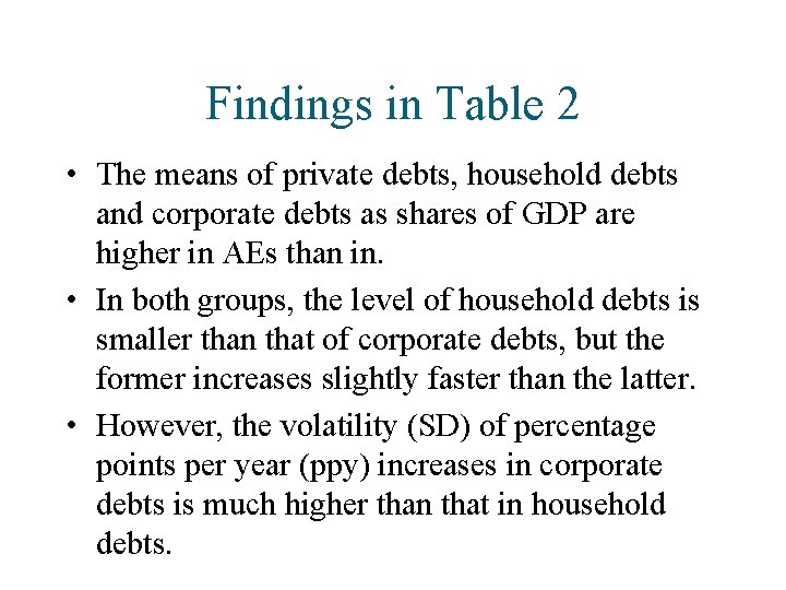 Findings in Table 2 • The means of private debts, household debts and corporate