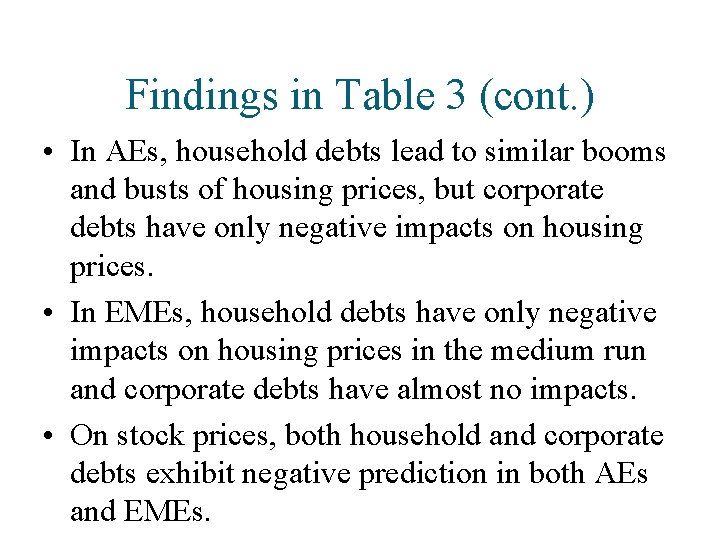Findings in Table 3 (cont. ) • In AEs, household debts lead to similar