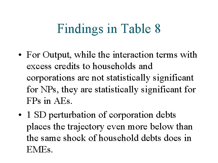 Findings in Table 8 • For Output, while the interaction terms with excess credits