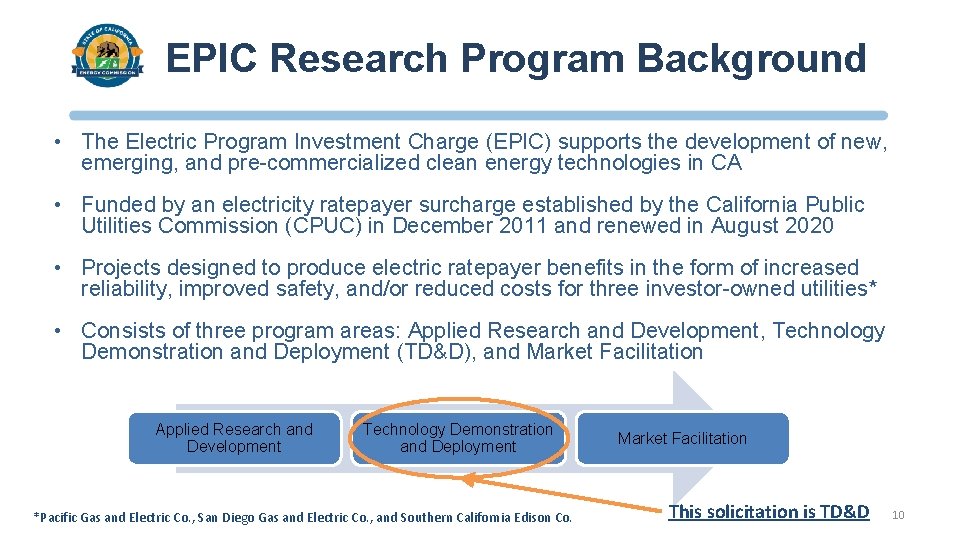 EPIC Research Program Background • The Electric Program Investment Charge (EPIC) supports the development