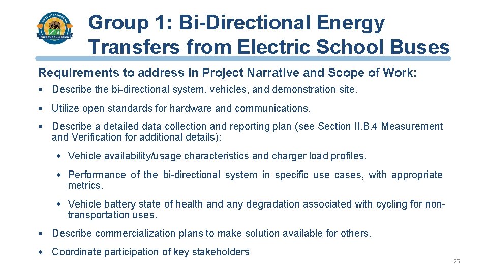 Group 1: Bi-Directional Energy Transfers from Electric School Buses Requirements to address in Project