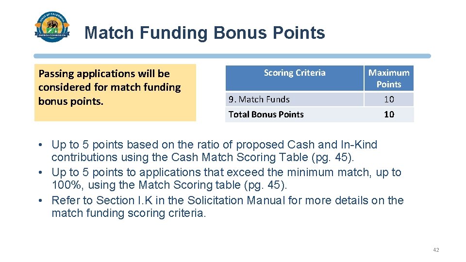 Match Funding Bonus Points Passing applications will be considered for match funding bonus points.