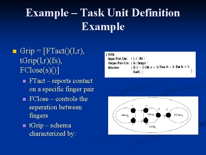 Example – Task Unit Definition Example n Grip = [FTact()(I, r), t. Grip(l, r)(fs), Example – Task Unit Definition Example n Grip = [FTact()(I, r), t. Grip(l, r)(fs),