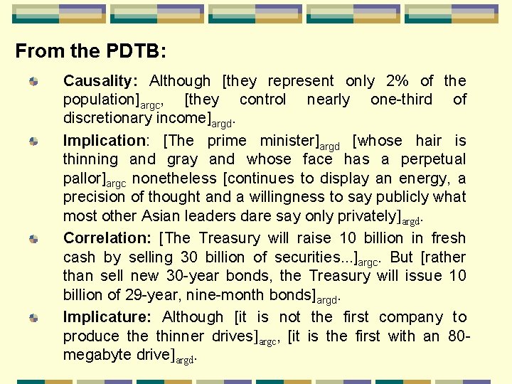 From the PDTB: Causality: Although [they represent only 2% of the population]argc, [they control