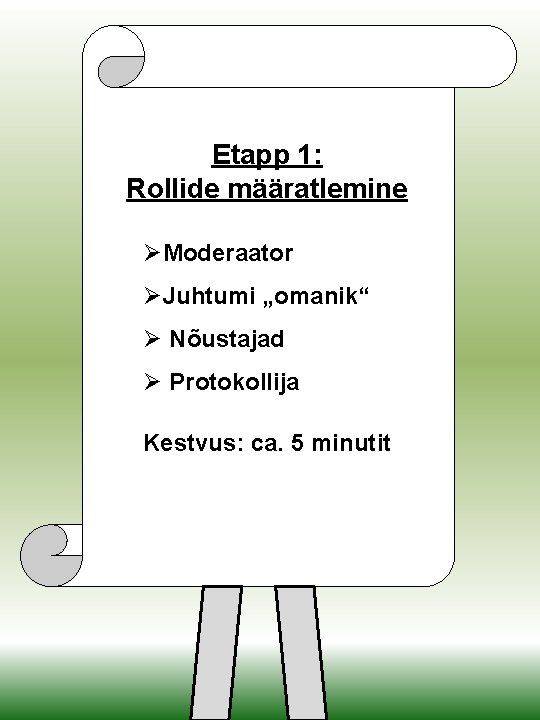 Etapp 1: Rollide määratlemine ØModeraator ØJuhtumi „omanik“ Ø Nõustajad Ø Protokollija Kestvus: ca. 5