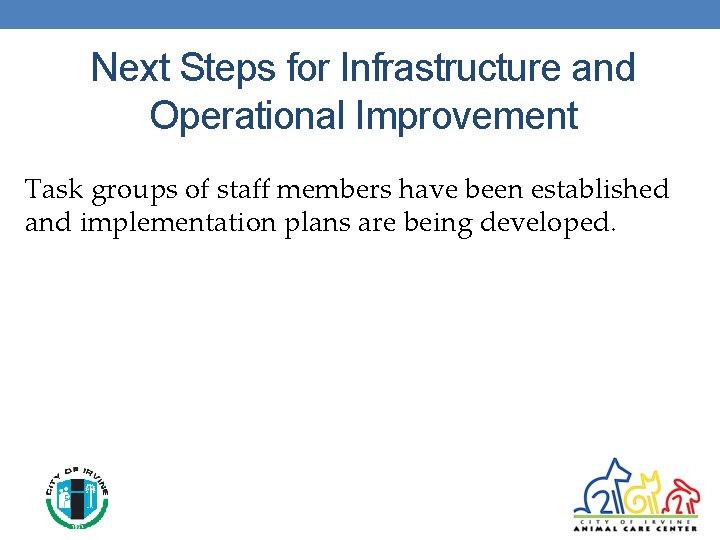 Next Steps for Infrastructure and Operational Improvement Task groups of staff members have been