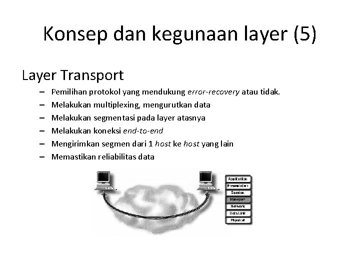 Konsep dan kegunaan layer (5) Layer Transport – – – Pemilihan protokol yang mendukung