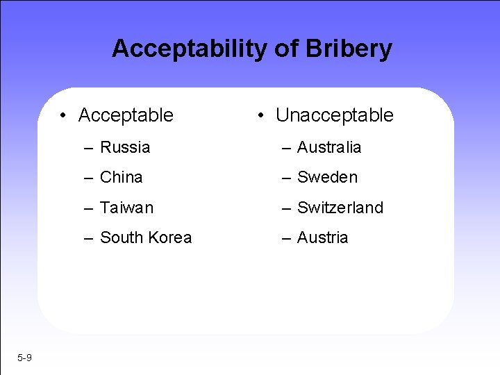 Acceptability of Bribery 5 -9 • Acceptable • Unacceptable – Russia – Australia –