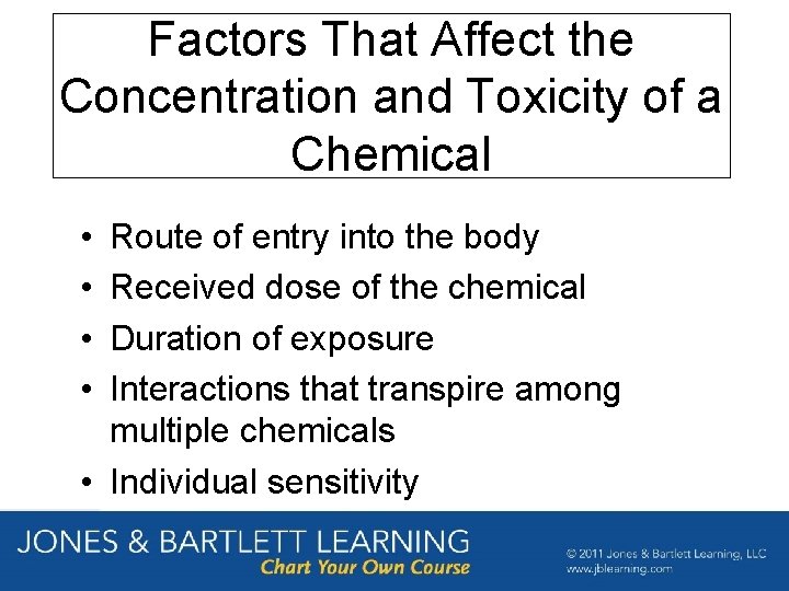 Factors That Affect the Concentration and Toxicity of a Chemical • • Route of
