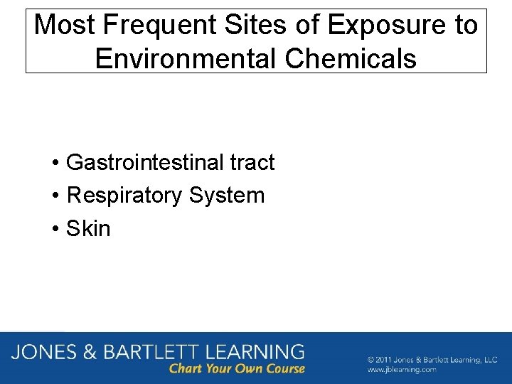 Most Frequent Sites of Exposure to Environmental Chemicals • Gastrointestinal tract • Respiratory System