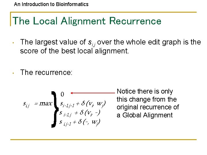 An Introduction to Bioinformatics The Local Alignment Recurrence • The largest value of si,