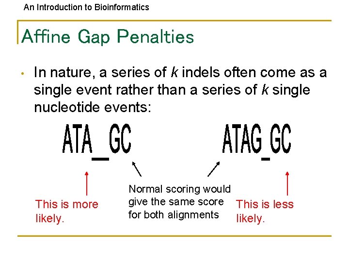 An Introduction to Bioinformatics Affine Gap Penalties • In nature, a series of k