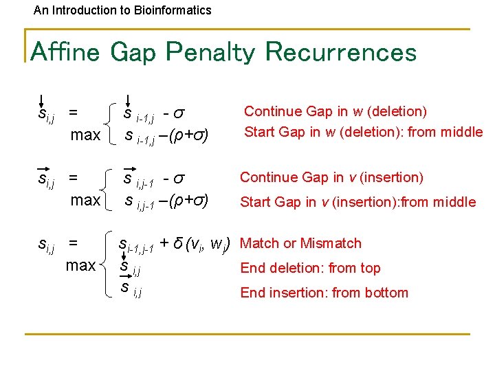 An Introduction to Bioinformatics Affine Gap Penalty Recurrences si, j = max s i-1,