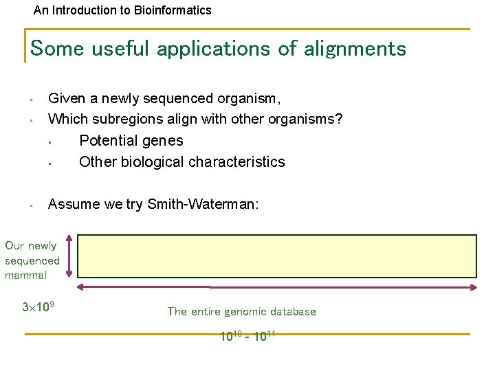 An Introduction to Bioinformatics Some useful applications of alignments • • Given a newly