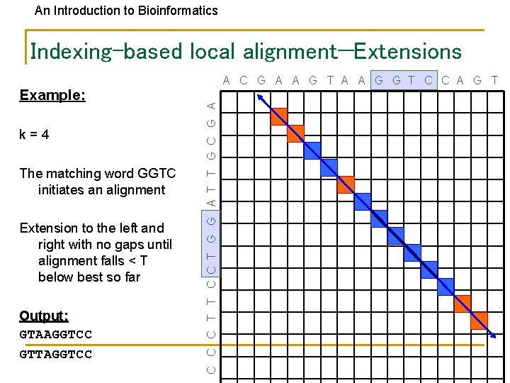 An Introduction to Bioinformatics Indexing-based local alignment—Extensions k=4 The matching word GGTC initiates an