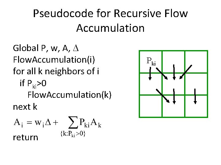 Pseudocode for Recursive Flow Accumulation Global P, w, A, Flow. Accumulation(i) for all k