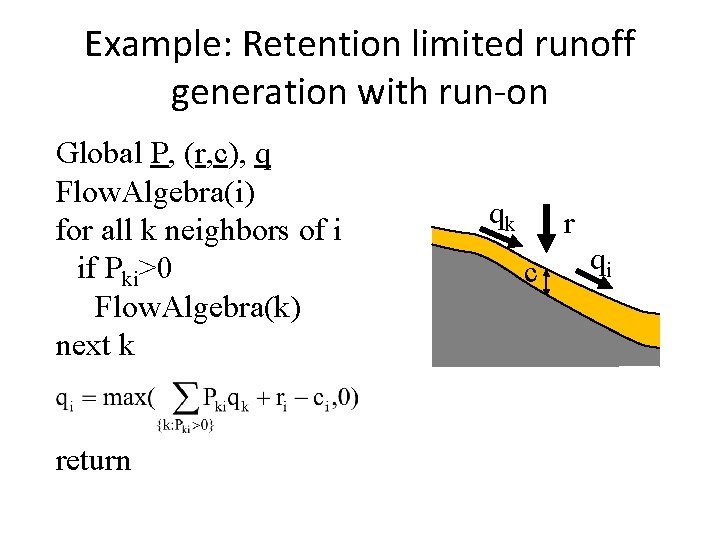 Example: Retention limited runoff generation with run-on Global P, (r, c), q Flow. Algebra(i)